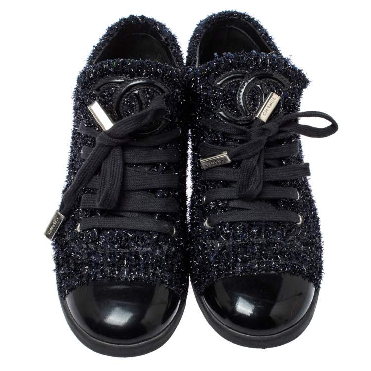 Pre Owned Chanel Black/Navy Blue Shimmery Tweed and Patent Leather Cap Toe Sneakers Size 38