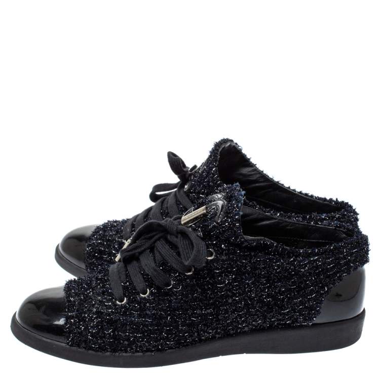 Pre Owned Chanel Black/Navy Blue Shimmery Tweed and Patent Leather Cap Toe Sneakers Size 38