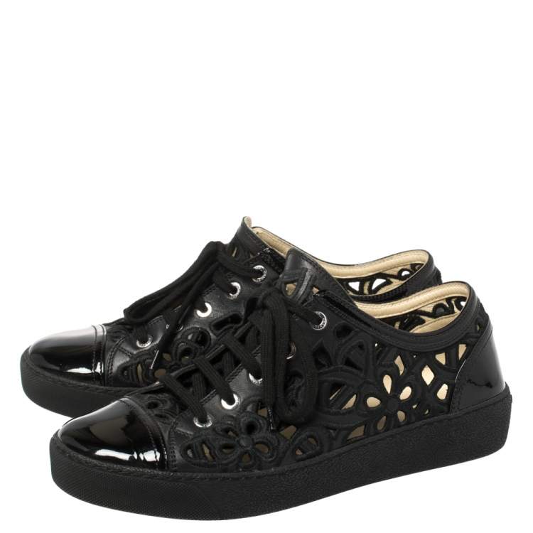 Pre Owned  Chanel Black Floral Cutout Leather CC Low Top Sneakers Size 39