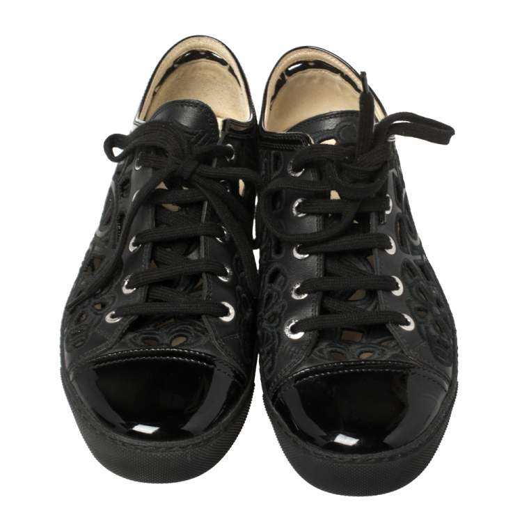 Pre Owned  Chanel Black Floral Cutout Leather CC Low Top Sneakers Size 39
