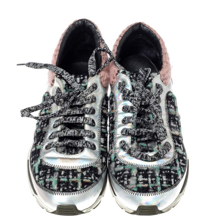 Pre Owned Chanel Black/Pink Tweed and Metallic Leather Lace Up Sneakers Size 37