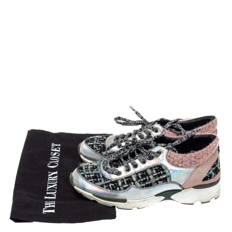 Pre Owned Chanel Black/Pink Tweed and Metallic Leather Lace Up Sneakers Size 37
