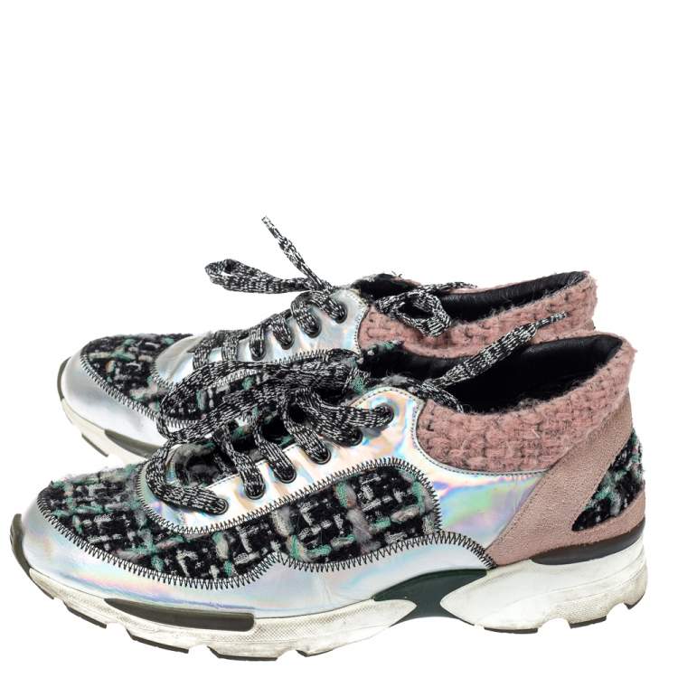 Pre Owned Chanel Black/Pink Tweed and Metallic Leather Lace Up Sneakers Size 37
