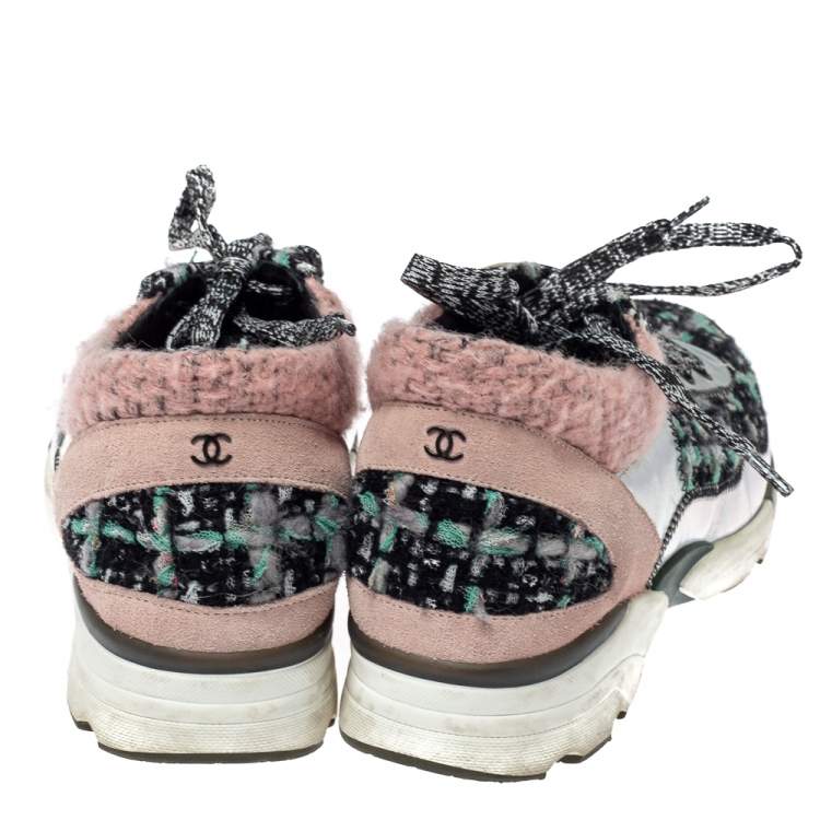 Pre Owned Chanel Black/Pink Tweed and Metallic Leather Lace Up Sneakers Size 37