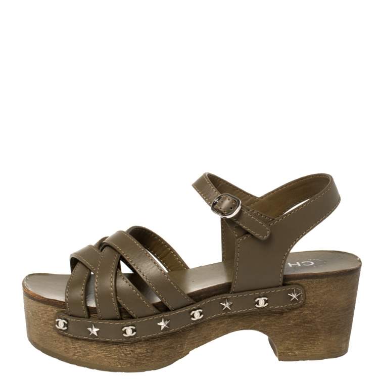 Chanel Olive Green Leather Embellished Criss Cross Ankle Strap