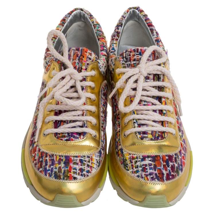 Pre Owned Chanel Multicolor Tweed Fabric And Holographic Leather CC Sneakers Size 37.5