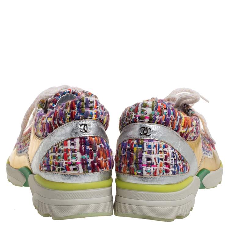 Pre Owned Chanel Multicolor Tweed Fabric And Holographic Leather CC Sneakers Size 37.5