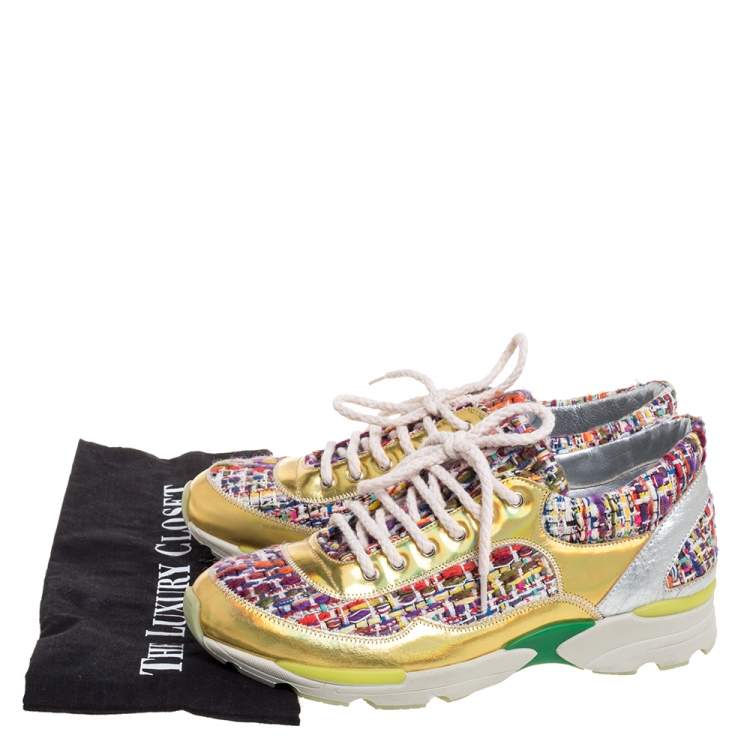 Pre Owned Chanel Multicolor Tweed Fabric And Holographic Leather CC Sneakers Size 37.5