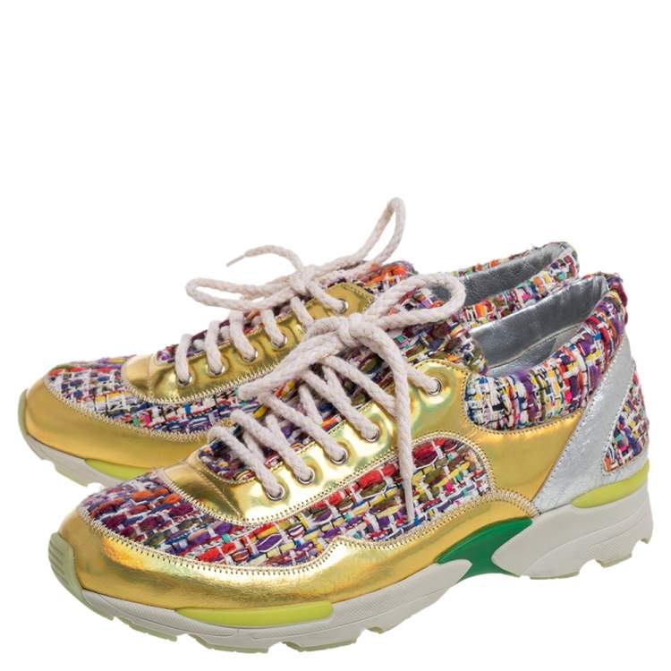 Pre Owned Chanel Multicolor Tweed Fabric And Holographic Leather CC Sneakers Size 37.5
