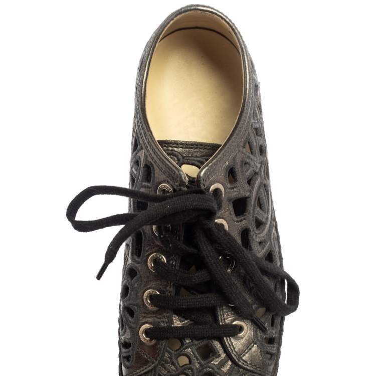 Pre Owned  Chanel Dark Grey Floral Cutout Leather CC Low Top Sneakers Size 35.5