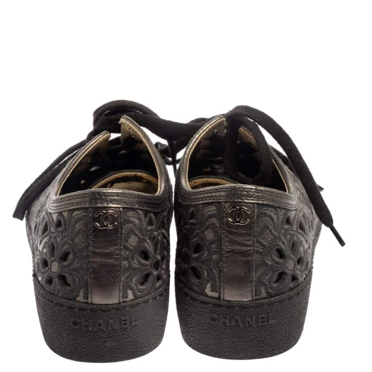Pre Owned  Chanel Dark Grey Floral Cutout Leather CC Low Top Sneakers Size 35.5