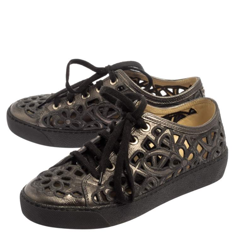 Pre Owned  Chanel Dark Grey Floral Cutout Leather CC Low Top Sneakers Size 35.5