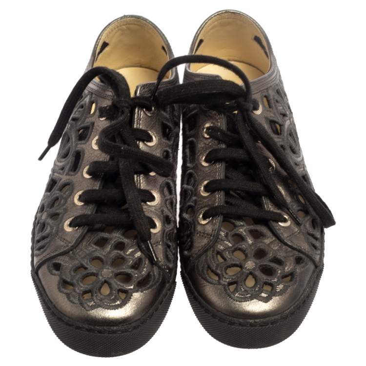 Pre Owned  Chanel Dark Grey Floral Cutout Leather CC Low Top Sneakers Size 35.5