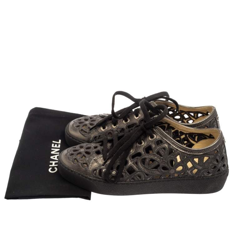 Pre Owned  Chanel Dark Grey Floral Cutout Leather CC Low Top Sneakers Size 35.5