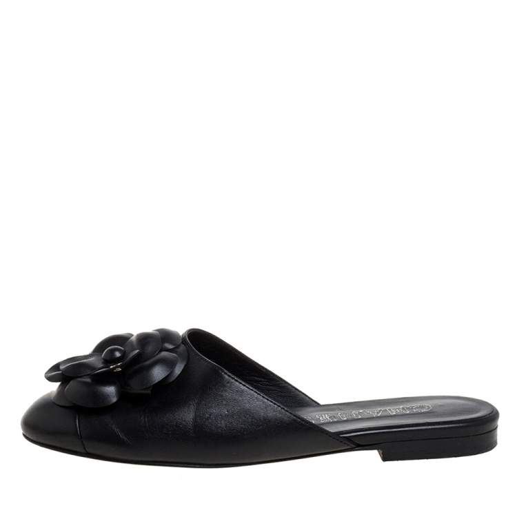 Chanel Black Leather Camellia Sandals Size 36.5 Chanel