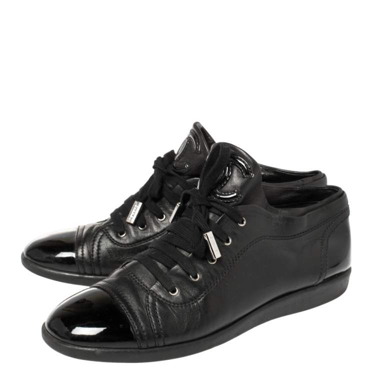 Pre Owned Chanel Black Leather and Patent Leather Cap Toe CC Sneakers Size 41