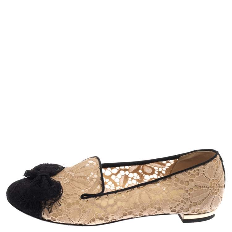 Pre Owned Chanel Beige/Black Lace Bow CC Smoking Slippers Size 38.5