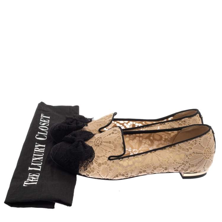 Pre Owned Chanel Beige/Black Lace Bow CC Smoking Slippers Size 38.5