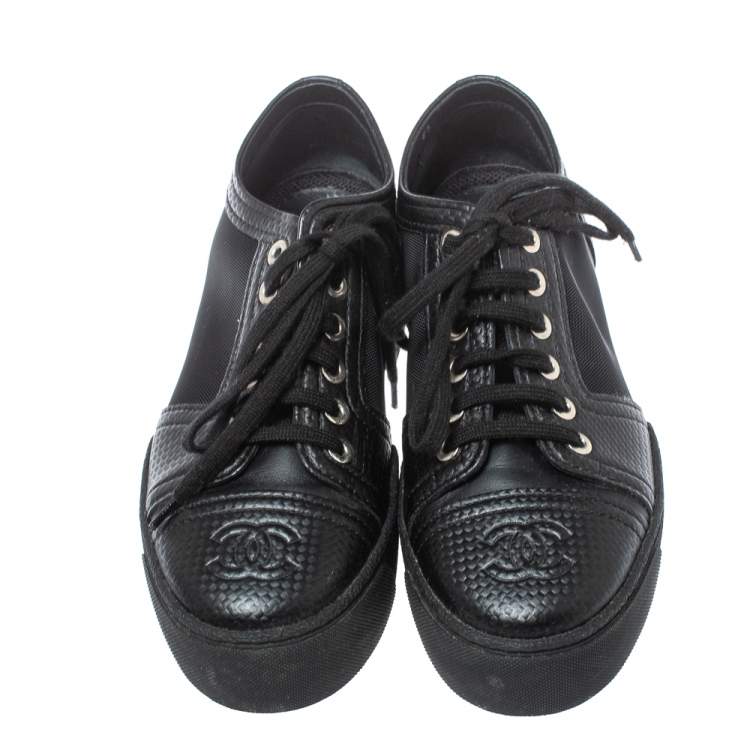 Pre Owned Chanel Black Leather And Mesh Platform Low Top Sneakers Size 36