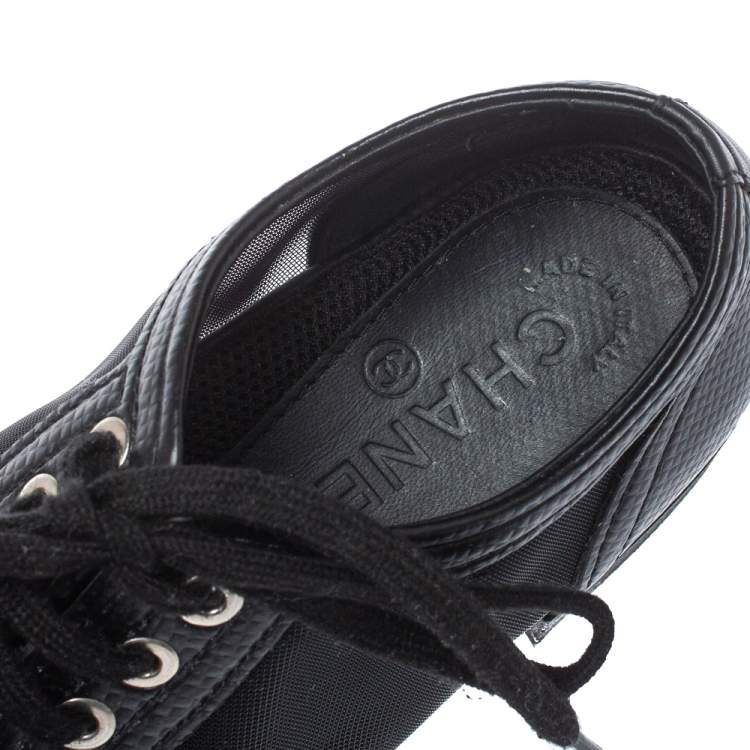 Pre Owned Chanel Black Leather And Mesh Platform Low Top Sneakers Size 36
