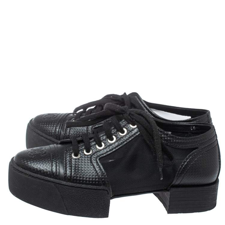 Pre Owned Chanel Black Leather And Mesh Platform Low Top Sneakers Size 36