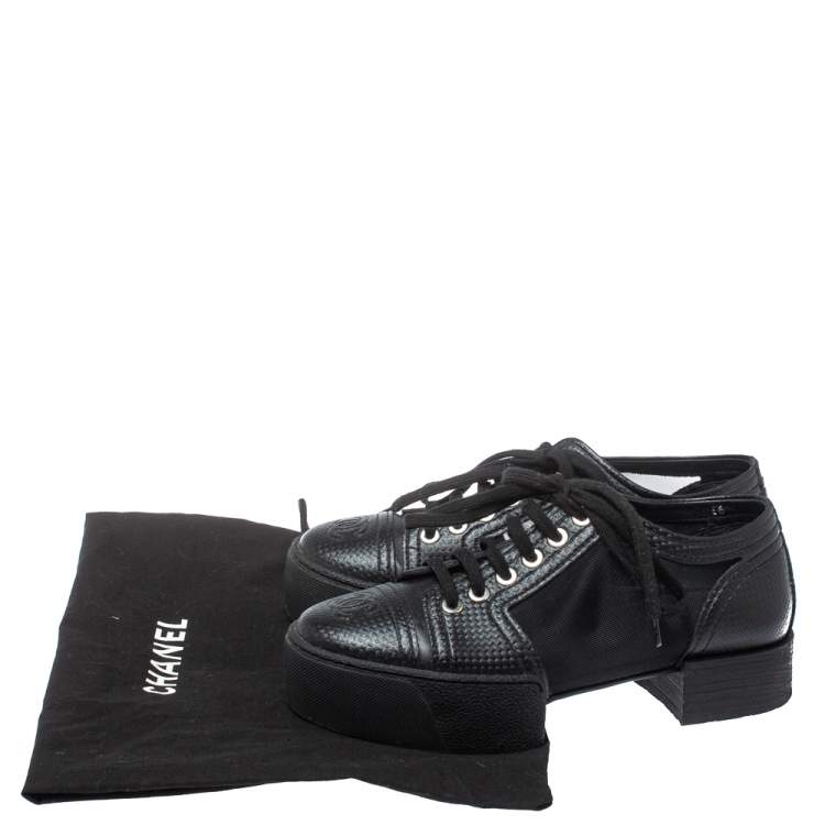 Pre Owned Chanel Black Leather And Mesh Platform Low Top Sneakers Size 36