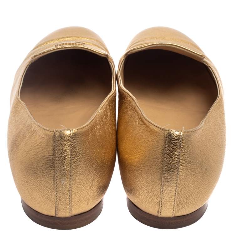 Pre Owned Chanel Metallic Gold Leather CC Embellished Loafers Size 39