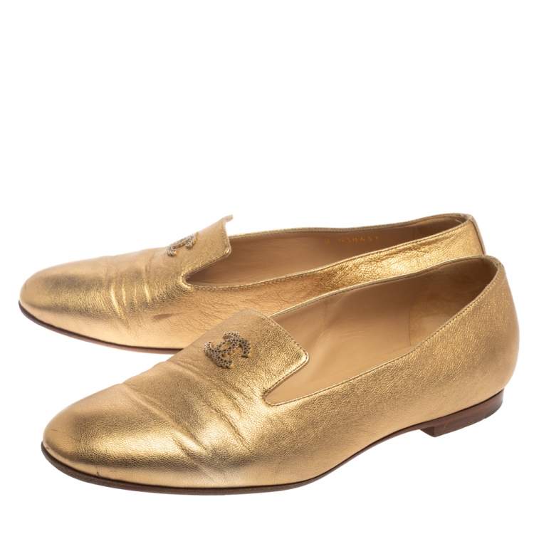 Pre Owned Chanel Metallic Gold Leather CC Embellished Loafers Size 39