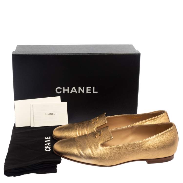 Pre Owned Chanel Metallic Gold Leather CC Embellished Loafers Size 39
