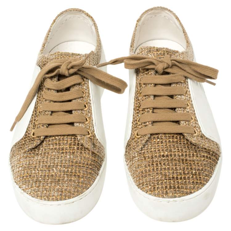 Pre Owned Chanel White Leather/Tweed CC Low Top Sneakers Size 37.5
