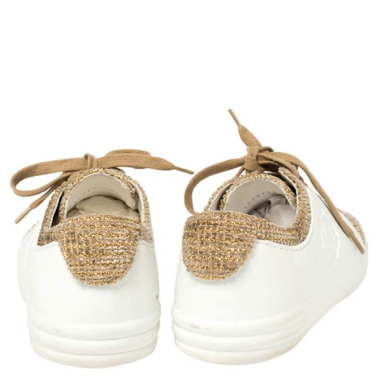 Pre Owned Chanel White Leather/Tweed CC Low Top Sneakers Size 37.5