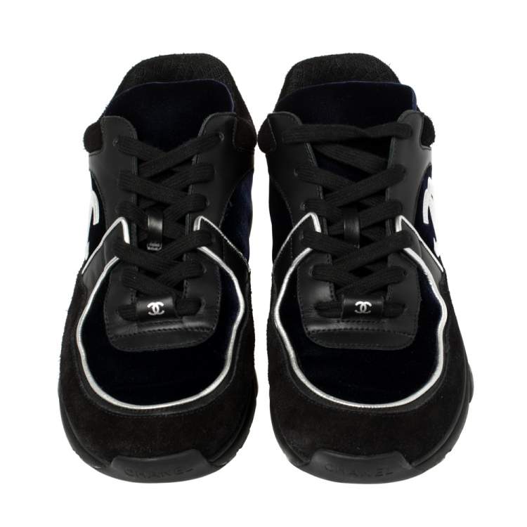 Pre Owned Chanel Blue/Black Velvet, Suede And Leather CC Low Top Sneakers Size 40