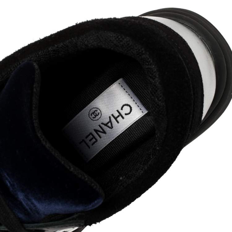Pre Owned Chanel Blue/Black Velvet, Suede And Leather CC Low Top Sneakers Size 40