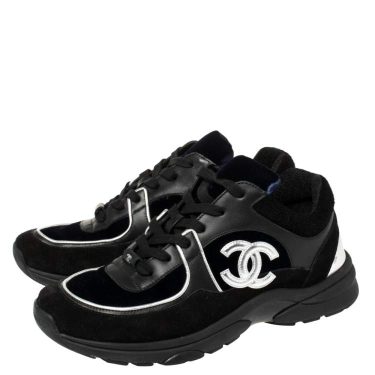 Pre Owned Chanel Blue/Black Velvet, Suede And Leather CC Low Top Sneakers Size 40