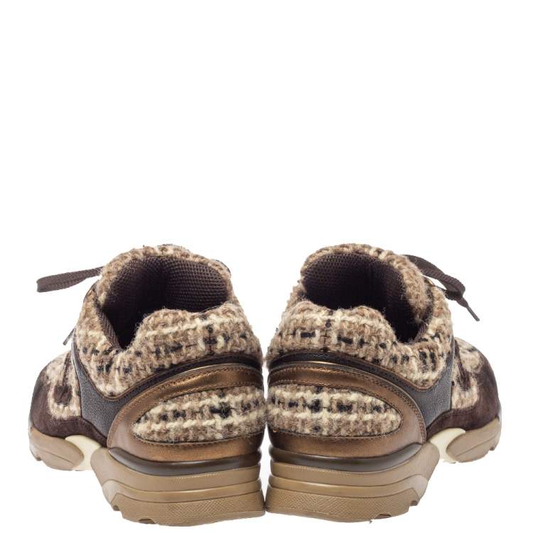 Pre Owned Chanel Brown Woolen Tweed and Metallic Leather CC Lace Up Sneakers Size 41