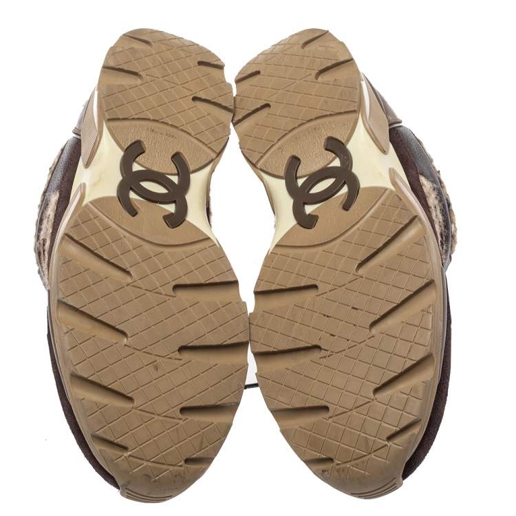 Pre Owned Chanel Brown Woolen Tweed and Metallic Leather CC Lace Up Sneakers Size 41