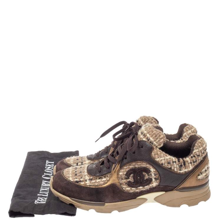 Pre Owned Chanel Brown Woolen Tweed and Metallic Leather CC Lace Up Sneakers Size 41