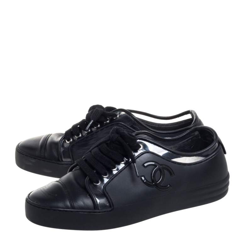 Pre Owned Chanel Black Rubber and Leather CC Low Top Sneakers Size 36.5