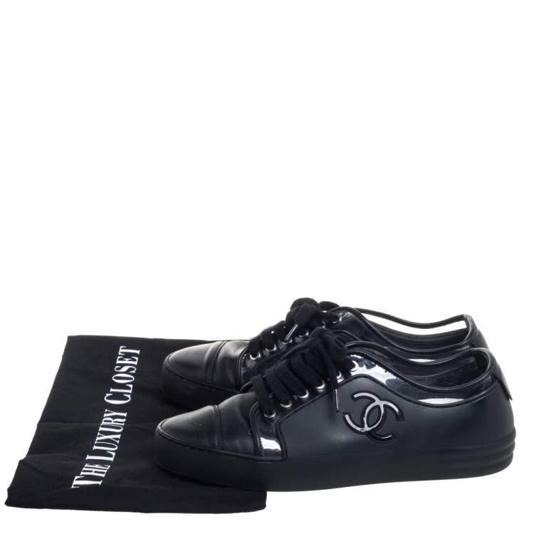 Pre Owned Chanel Black Rubber and Leather CC Low Top Sneakers Size 36.5