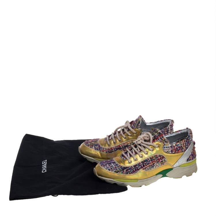 Pre Owned Chanel Multicolor Tweed Fabric And Patent Leather CC Lace Up Sneakers Size 39