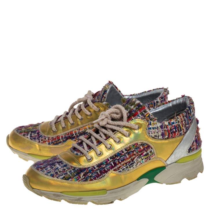 Pre Owned Chanel Multicolor Tweed Fabric And Patent Leather CC Lace Up Sneakers Size 39