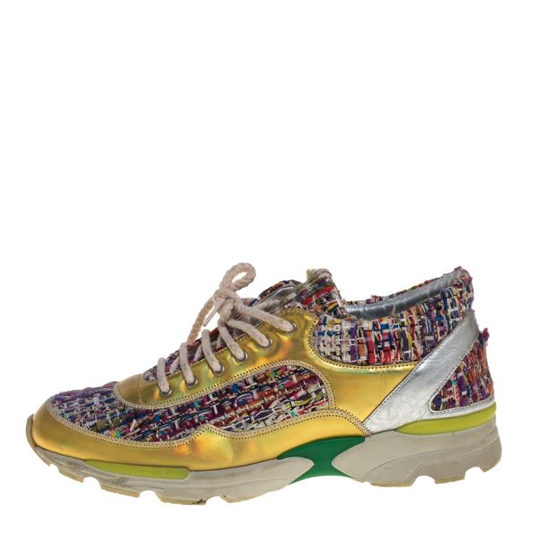 Pre Owned Chanel Multicolor Tweed Fabric And Patent Leather CC Lace Up Sneakers Size 39