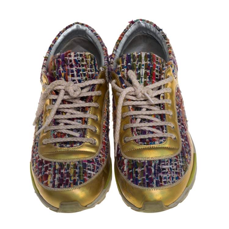 Pre Owned Chanel Multicolor Tweed Fabric And Patent Leather CC Lace Up Sneakers Size 39