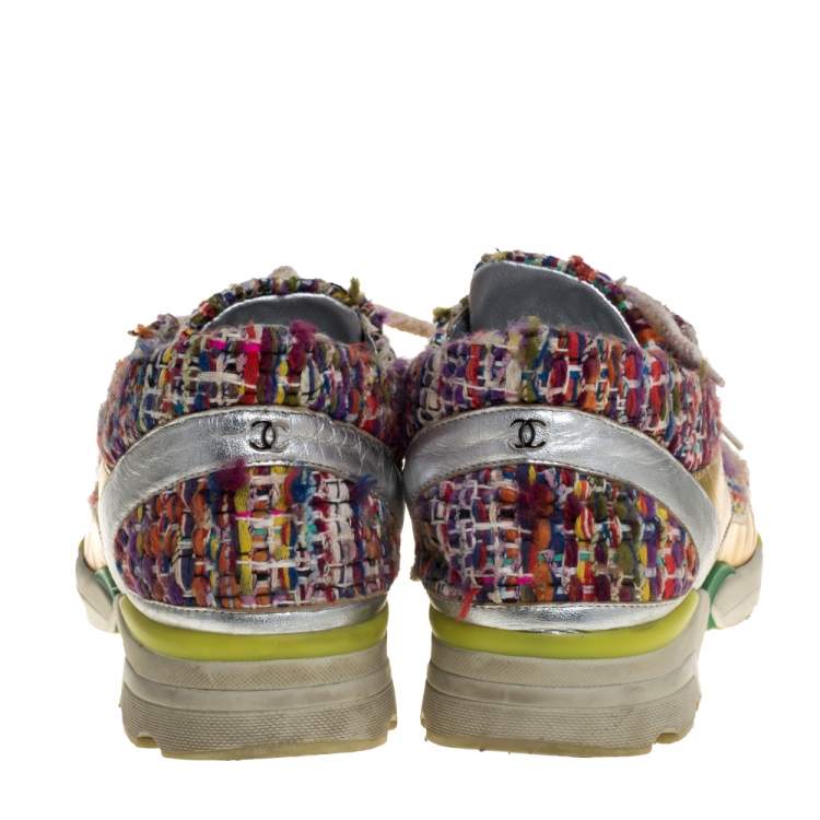 Pre Owned Chanel Multicolor Tweed Fabric And Patent Leather CC Lace Up Sneakers Size 39