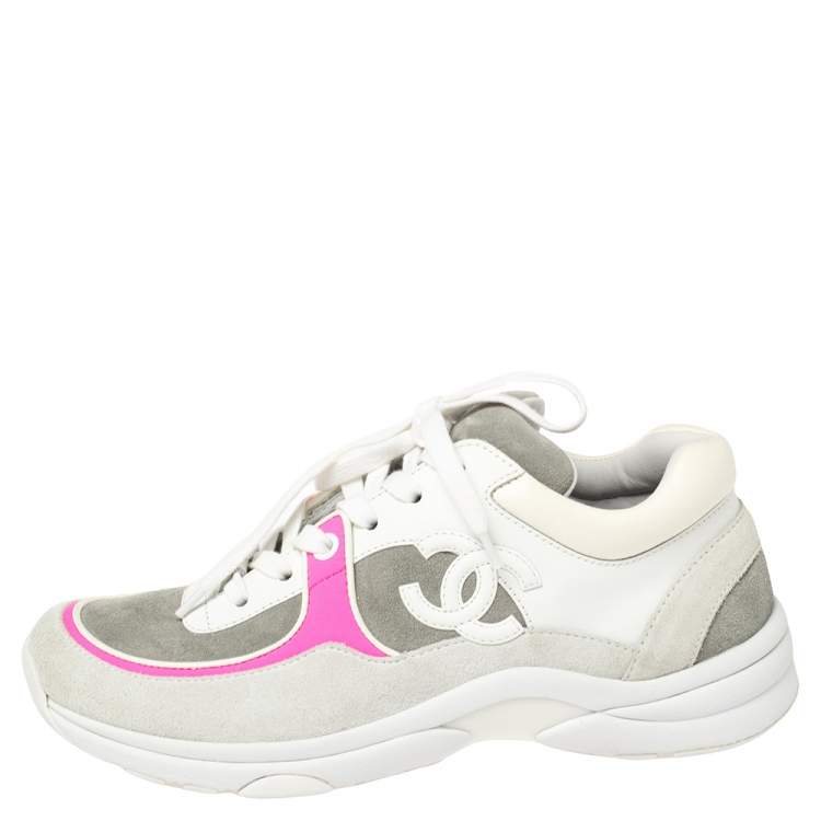 Chanel Grey/Pink Suede And Leather CC Low Top Sneakers Size 36