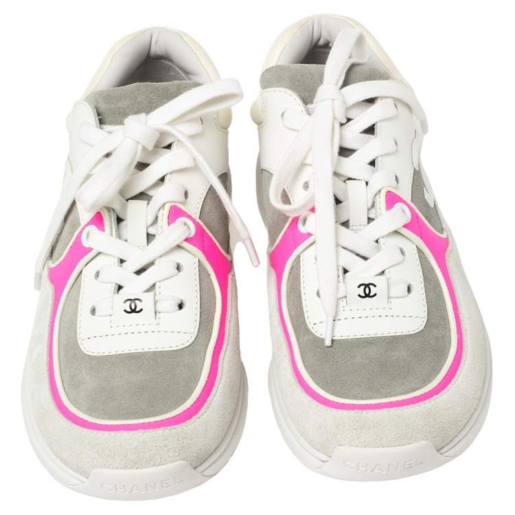 Pre Owned Chanel Grey/Pink Suede And Leather CC Low Top Sneakers Size 36