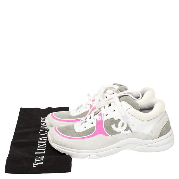 Pre Owned Chanel Grey/Pink Suede And Leather CC Low Top Sneakers Size 36