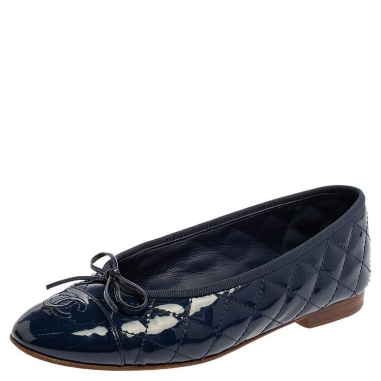 Chanel Dark Blue Quilted Patent Leather CC Bow Ballet Flats Size 37.5  Chanel | The Luxury Closet