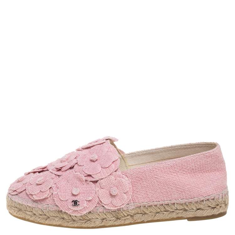 Chanel Pink Tweed Fabric CC Camellia Espadrilles Size 39 Chanel