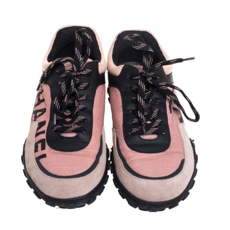 Pre Owned Chanel Pink/Black Nylon And Suede Logo Low Top Sneakers Size 38
